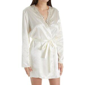 NEW Flora by Flora Nikrooz Women Stella Ivory Floral Lace Trim Satin Short Robe